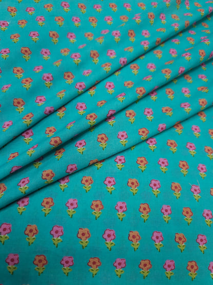 Turquoise Floral Cotton Suit Set With Printed Bottom
