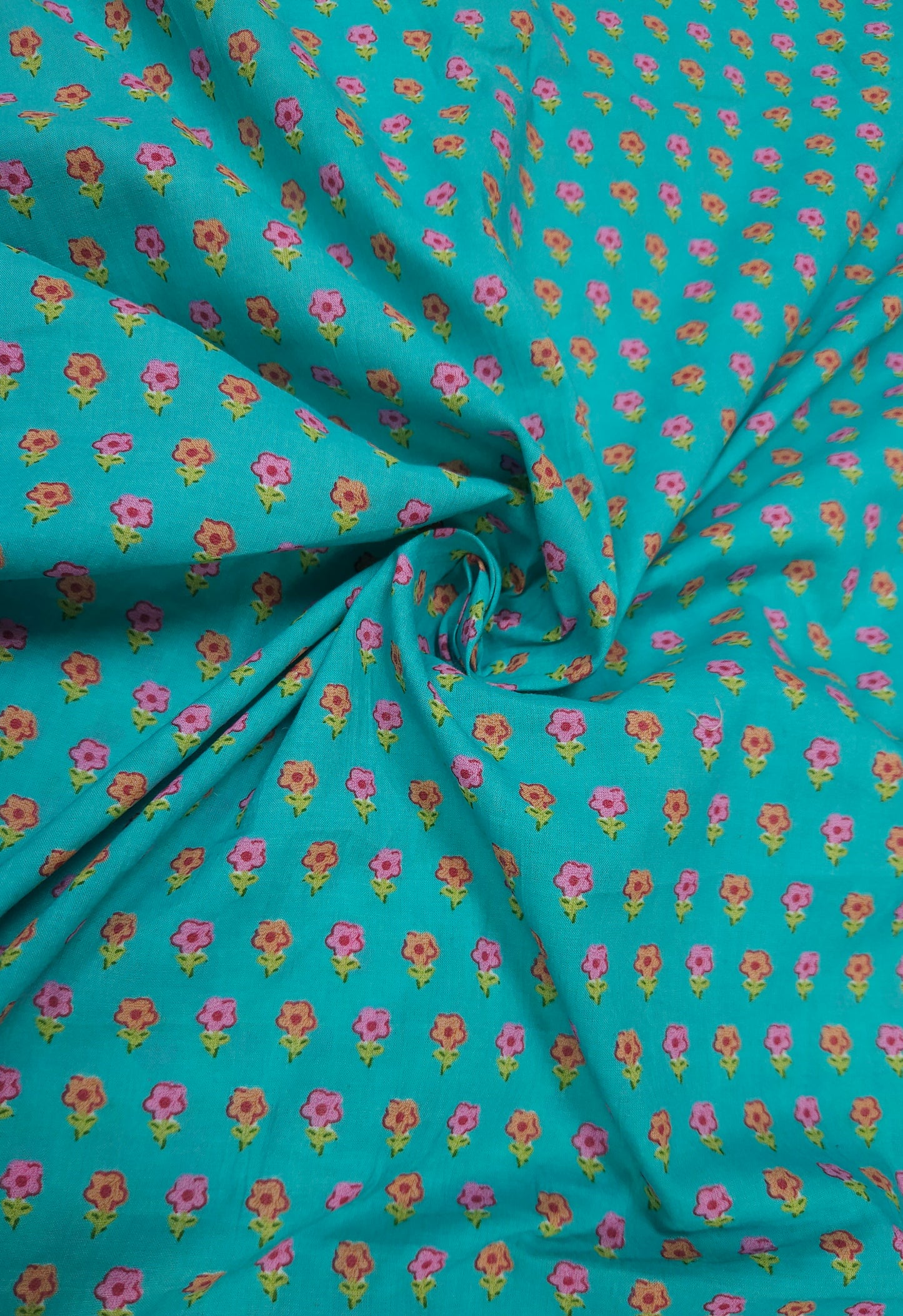 Turquoise Floral Cotton Suit Set With Printed Bottom