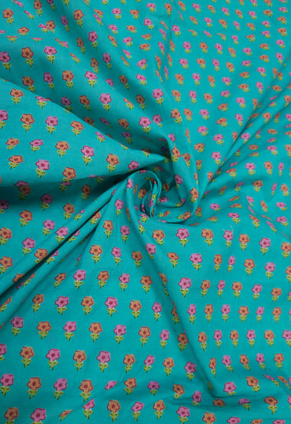 Turquoise Floral Cotton Suit Set With Printed Bottom