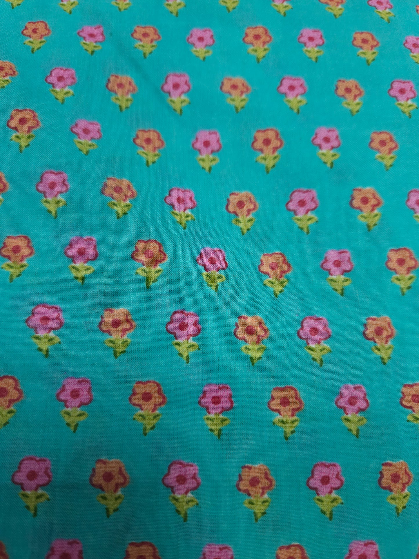 Turquoise Floral Cotton Suit Set With Printed Bottom