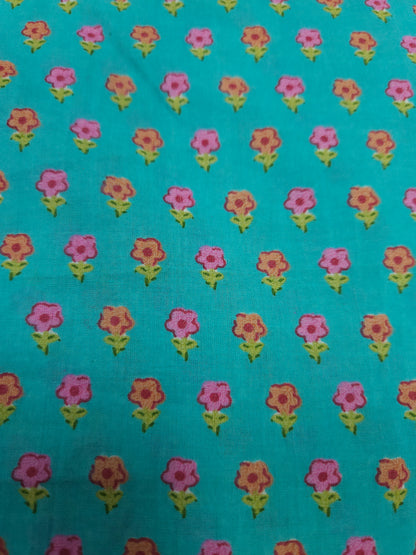 Turquoise Floral Cotton Suit Set With Printed Bottom