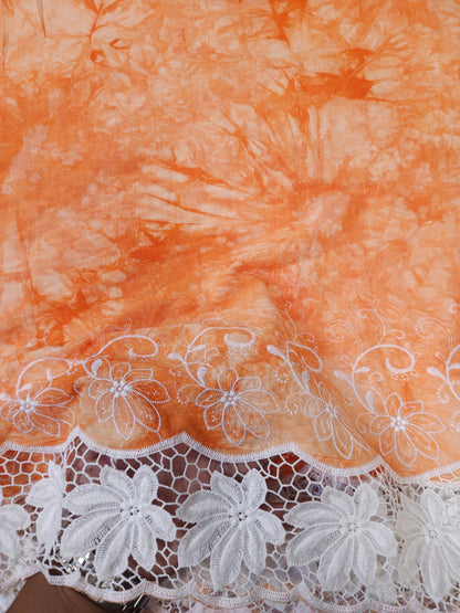 Orange Floral Lace Rayon Schiffli Fabric