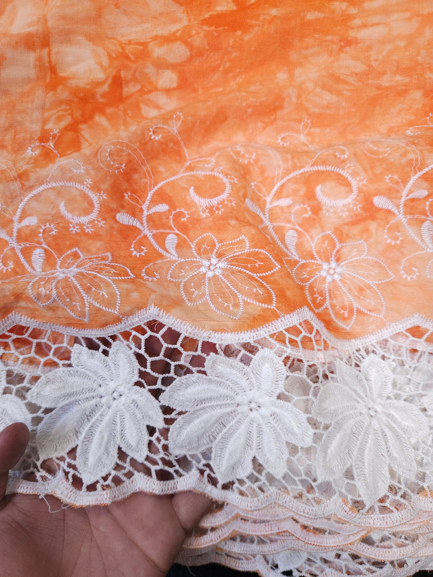 Orange Floral Lace Rayon Schiffli Fabric