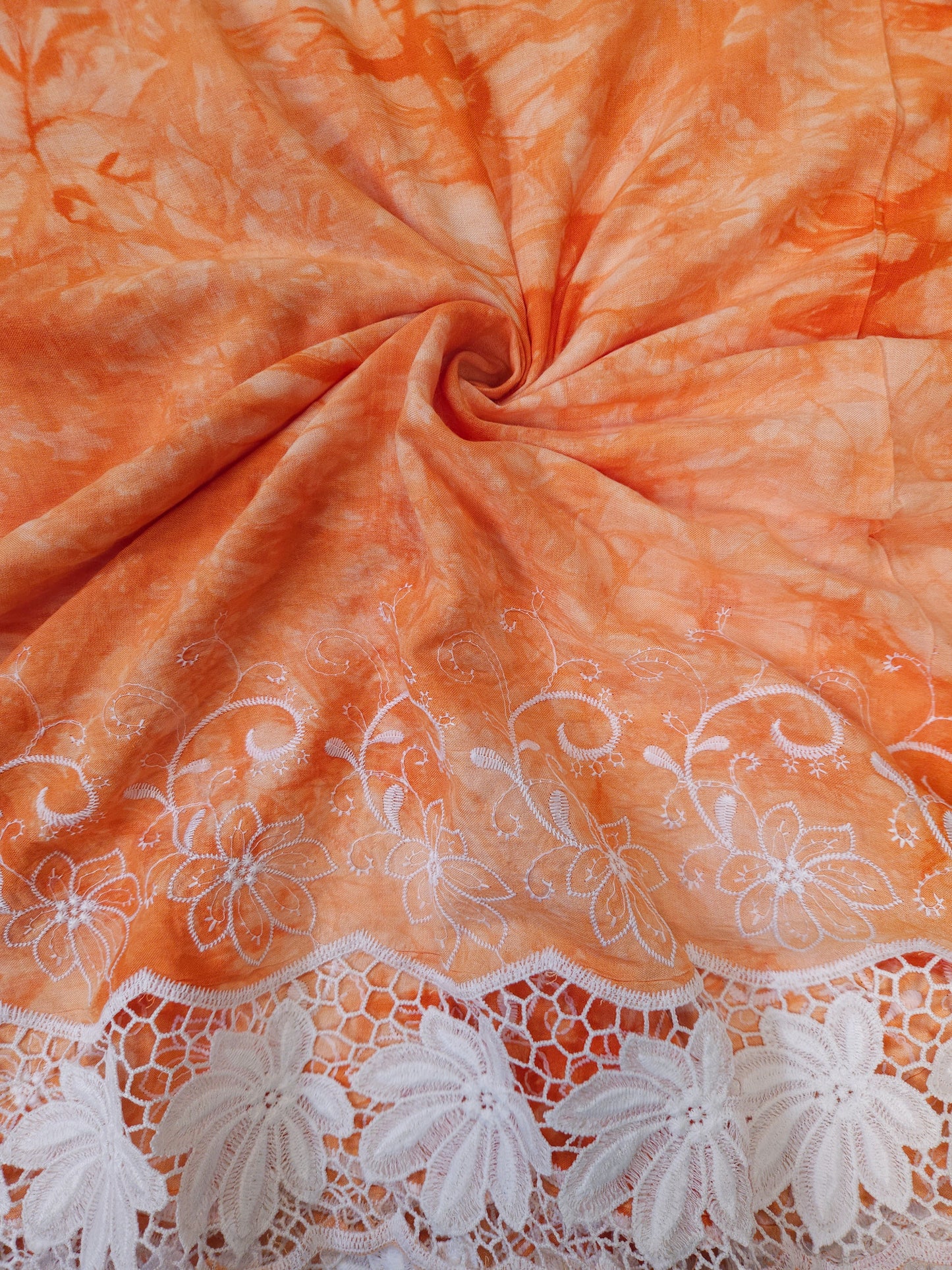 Orange Floral Lace Rayon Schiffli Fabric
