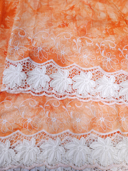 Orange Floral Lace Rayon Schiffli Fabric