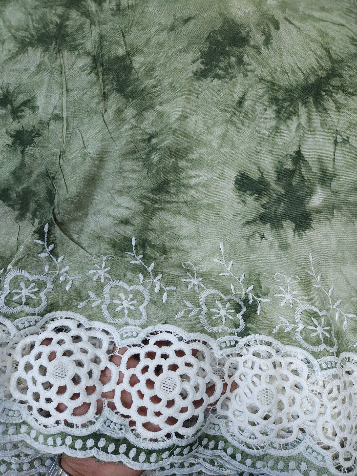 Olive Green Tie Dye Modal Schiffli Fabric