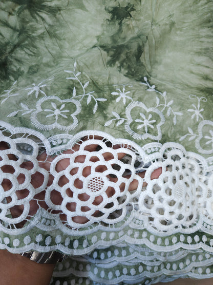 Olive Green Tie Dye Modal Schiffli Fabric