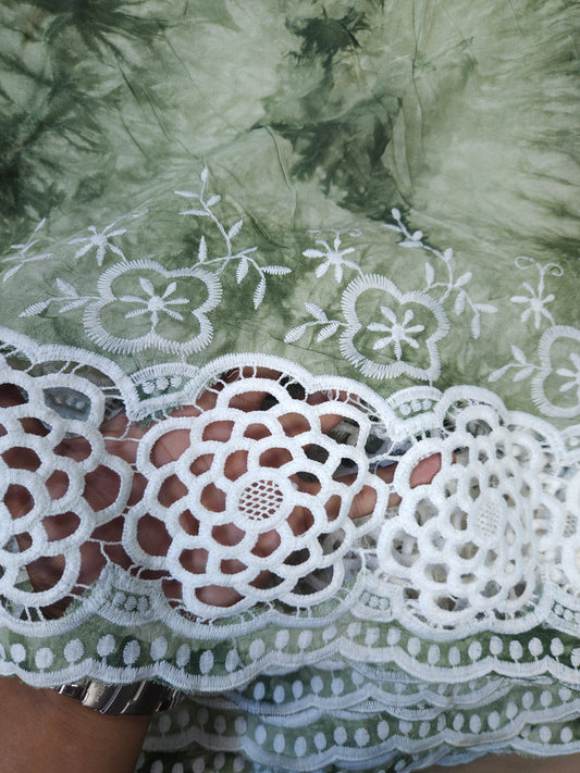 Olive Green Tie Dye Modal Schiffli Fabric