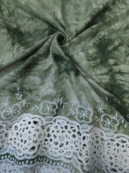 Olive Green Tie Dye Modal Schiffli Fabric