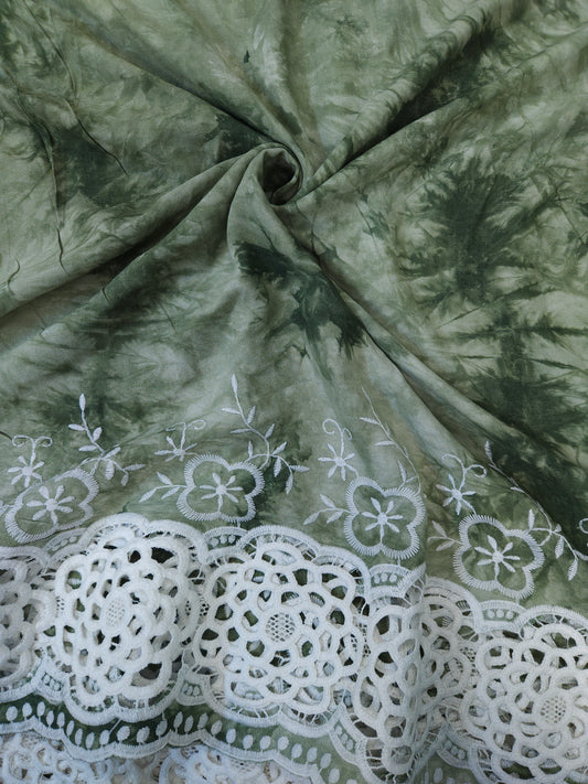 Olive Green Tie Dye Modal Schiffli Fabric