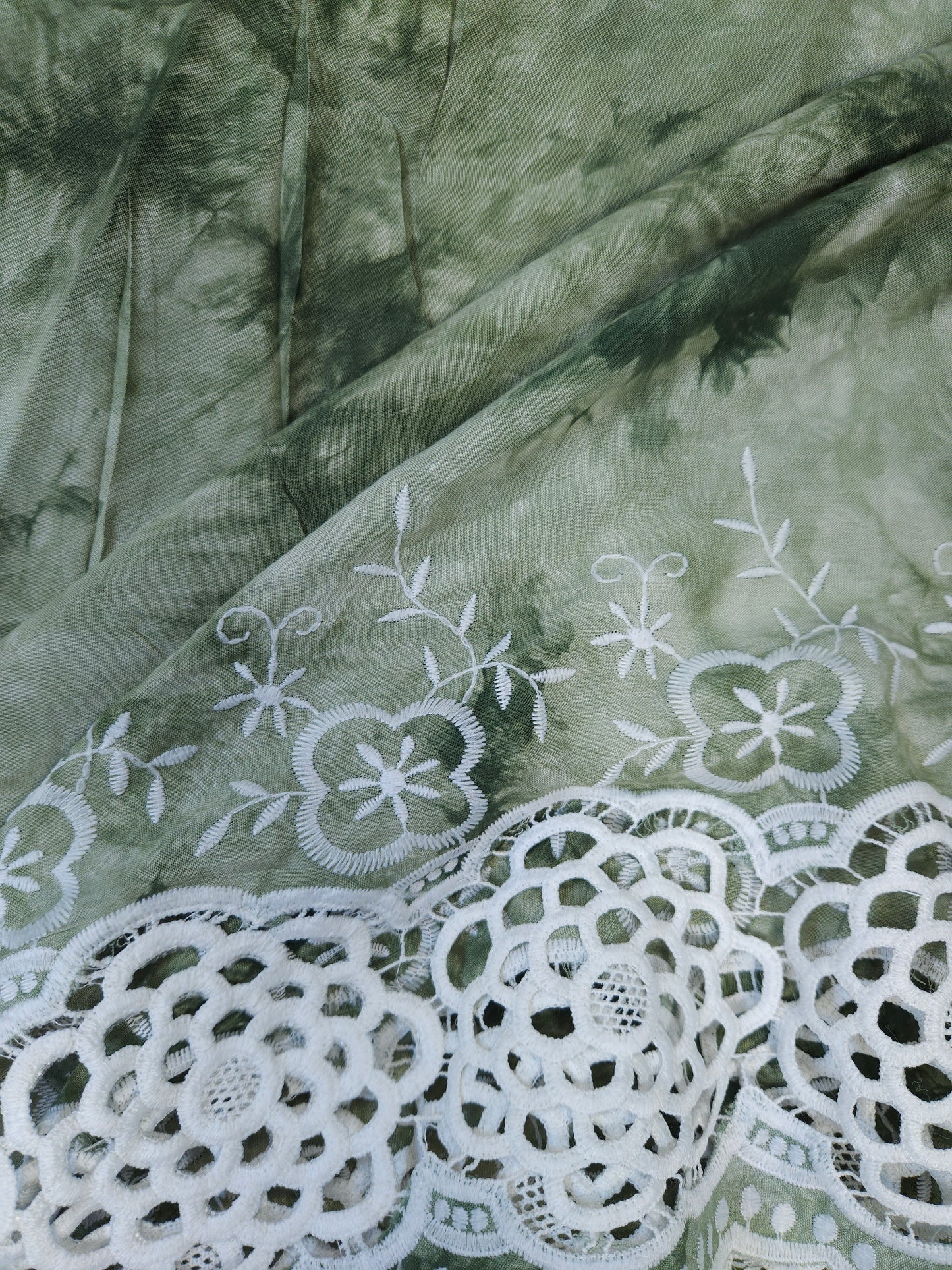 Olive Green Tie Dye Modal Schiffli Fabric
