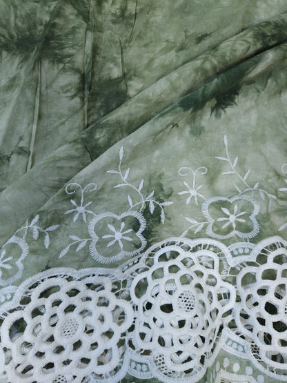 Olive Green Tie Dye Modal Schiffli Fabric