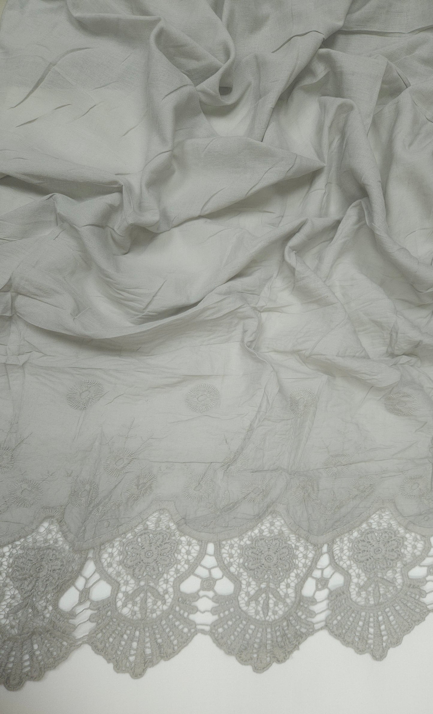 Dove Grey Designer Border Schiffli Cotton Fabric