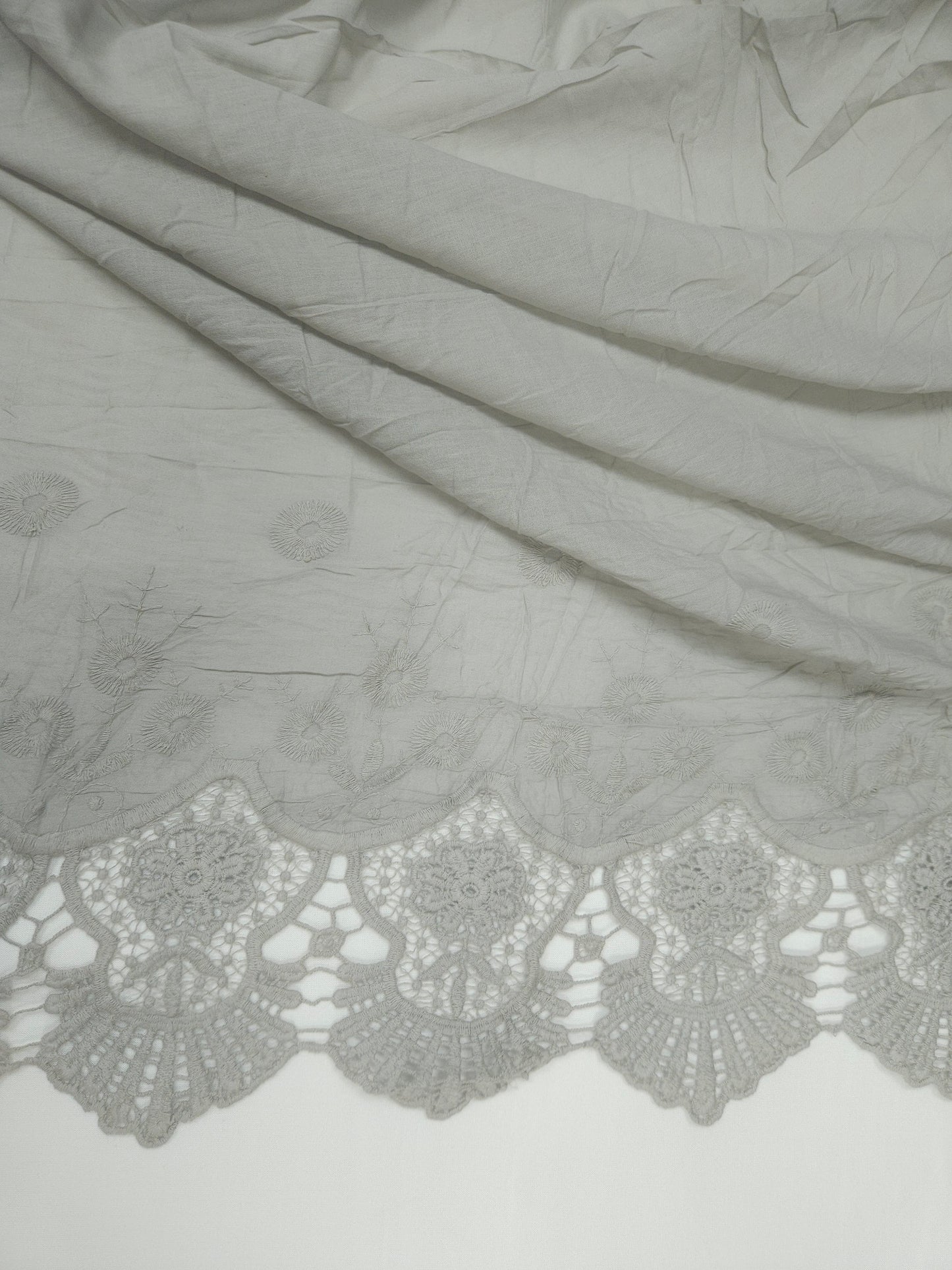 Dove Grey Designer Border Schiffli Cotton Fabric