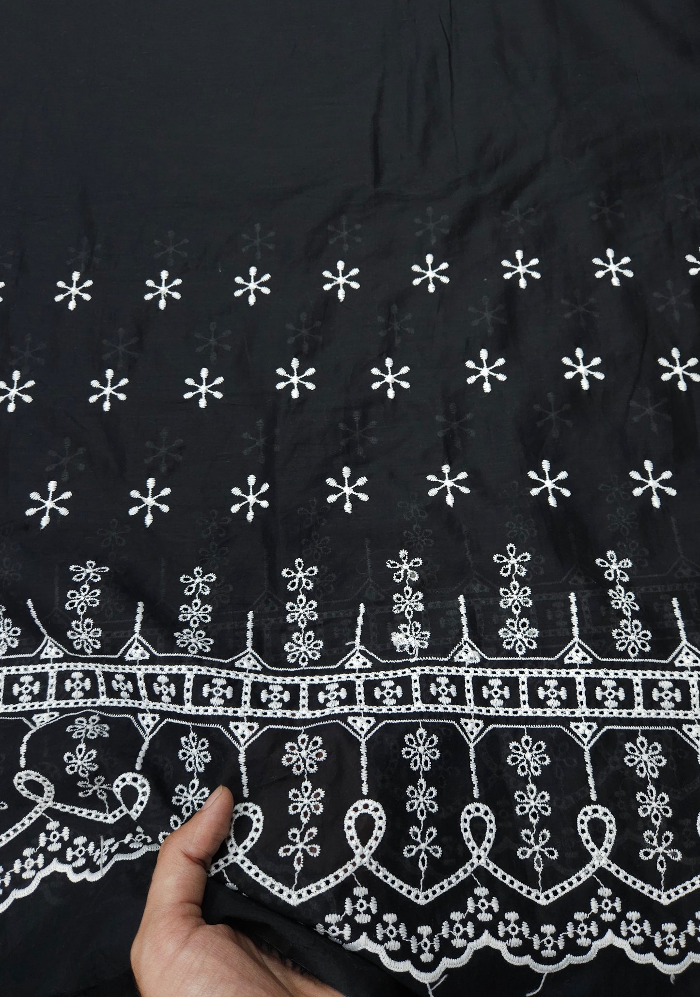 Midnight Royale Designer Border Schiffli Cotton Fabric