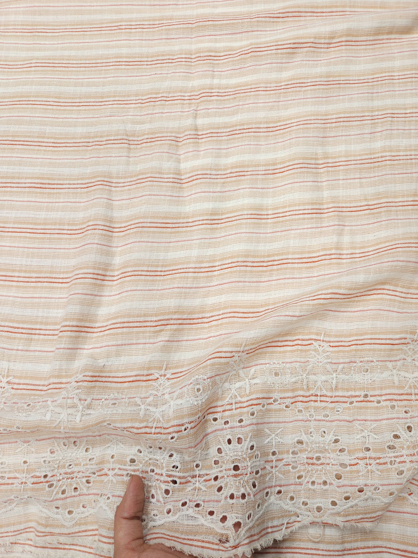 Peach Stripe Designer Border Schiffli Cotton Fabric