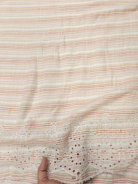 Peach Stripe Designer Border Schiffli Cotton Fabric