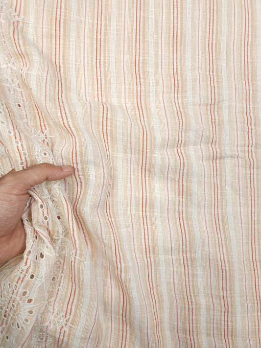 Peach Stripe Designer Border Schiffli Cotton Fabric
