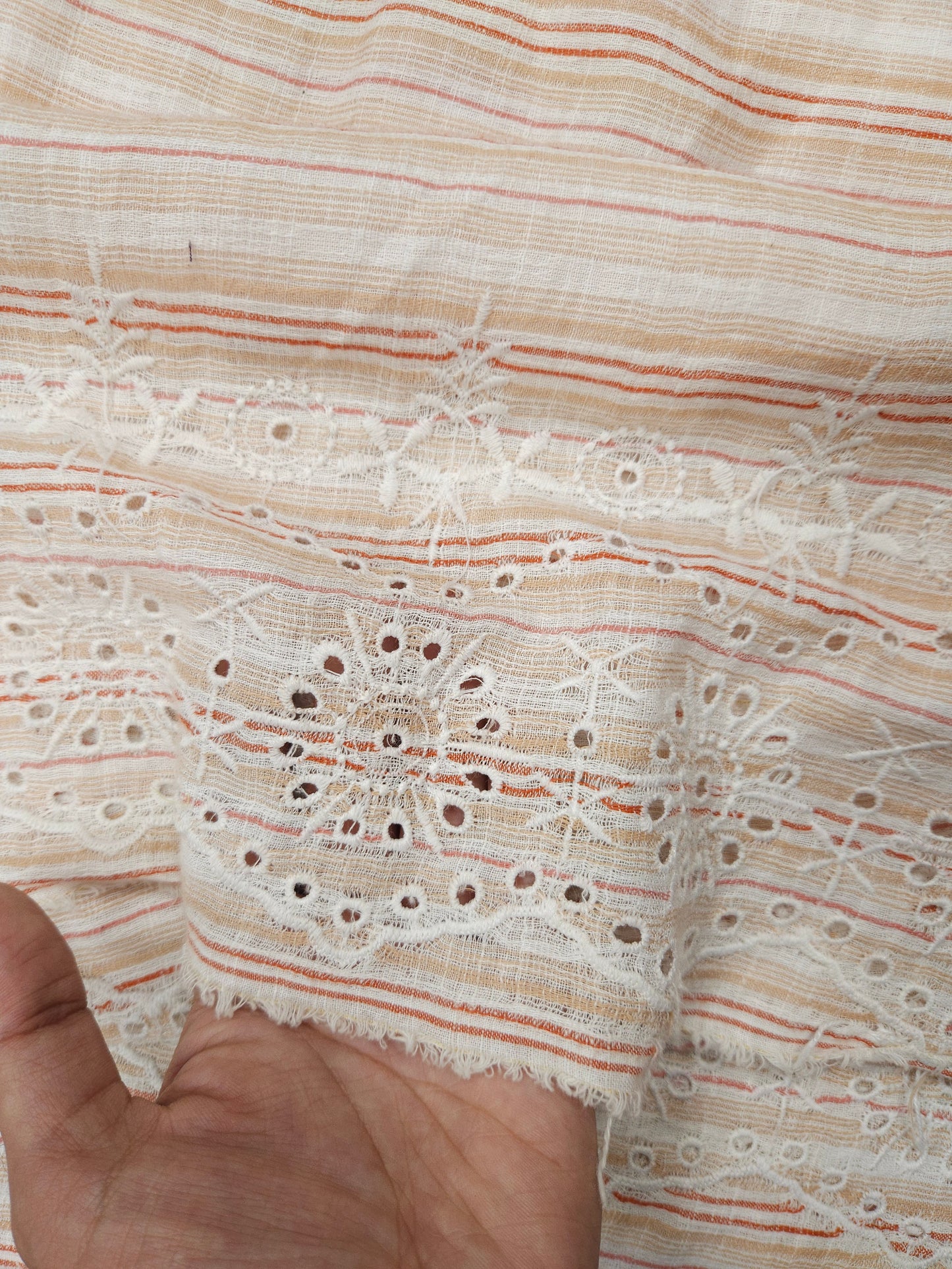 Peach Stripe Designer Border Schiffli Cotton Fabric