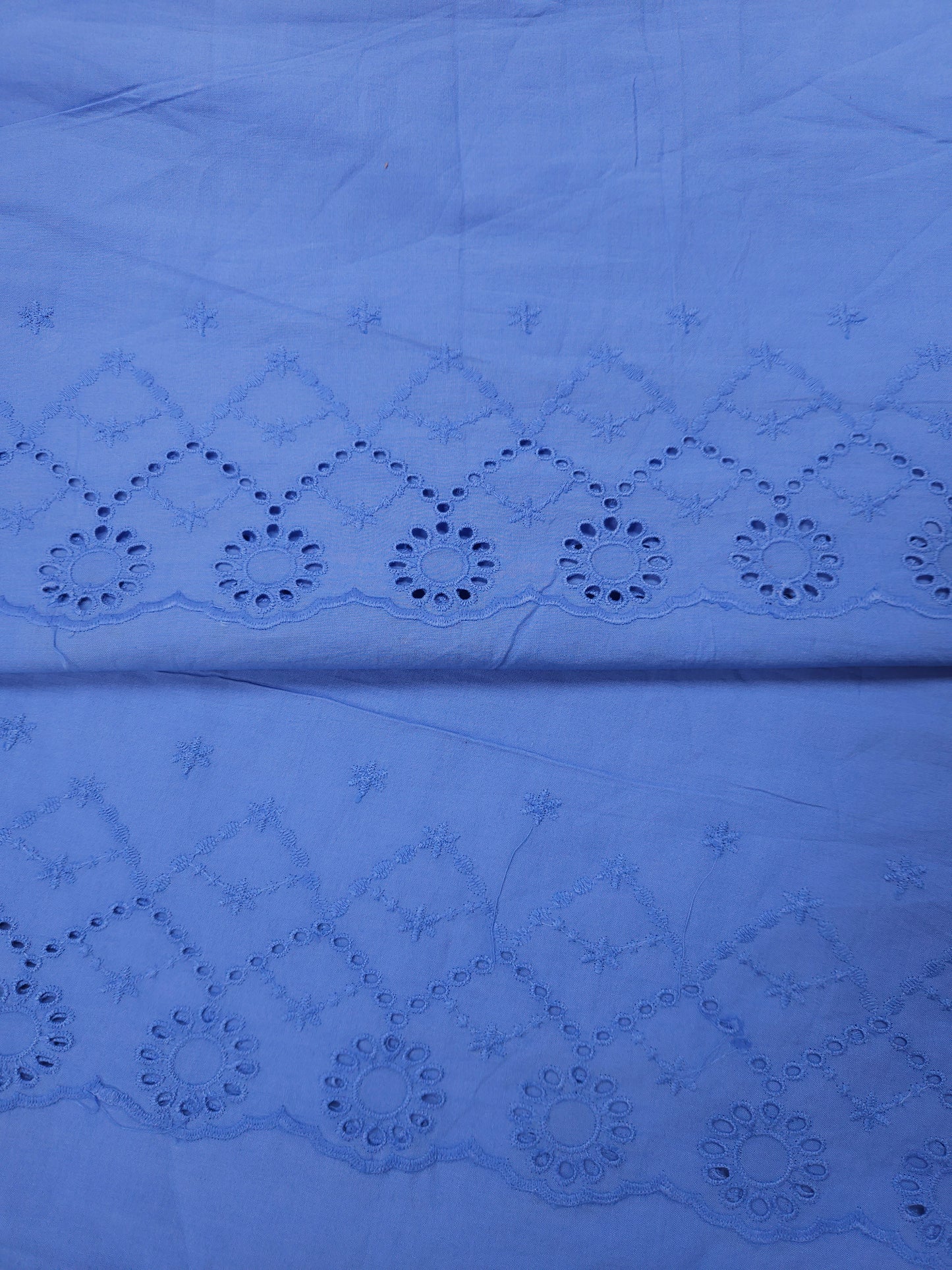 Powder Blue Designer Border Schiffli Cotton Fabric