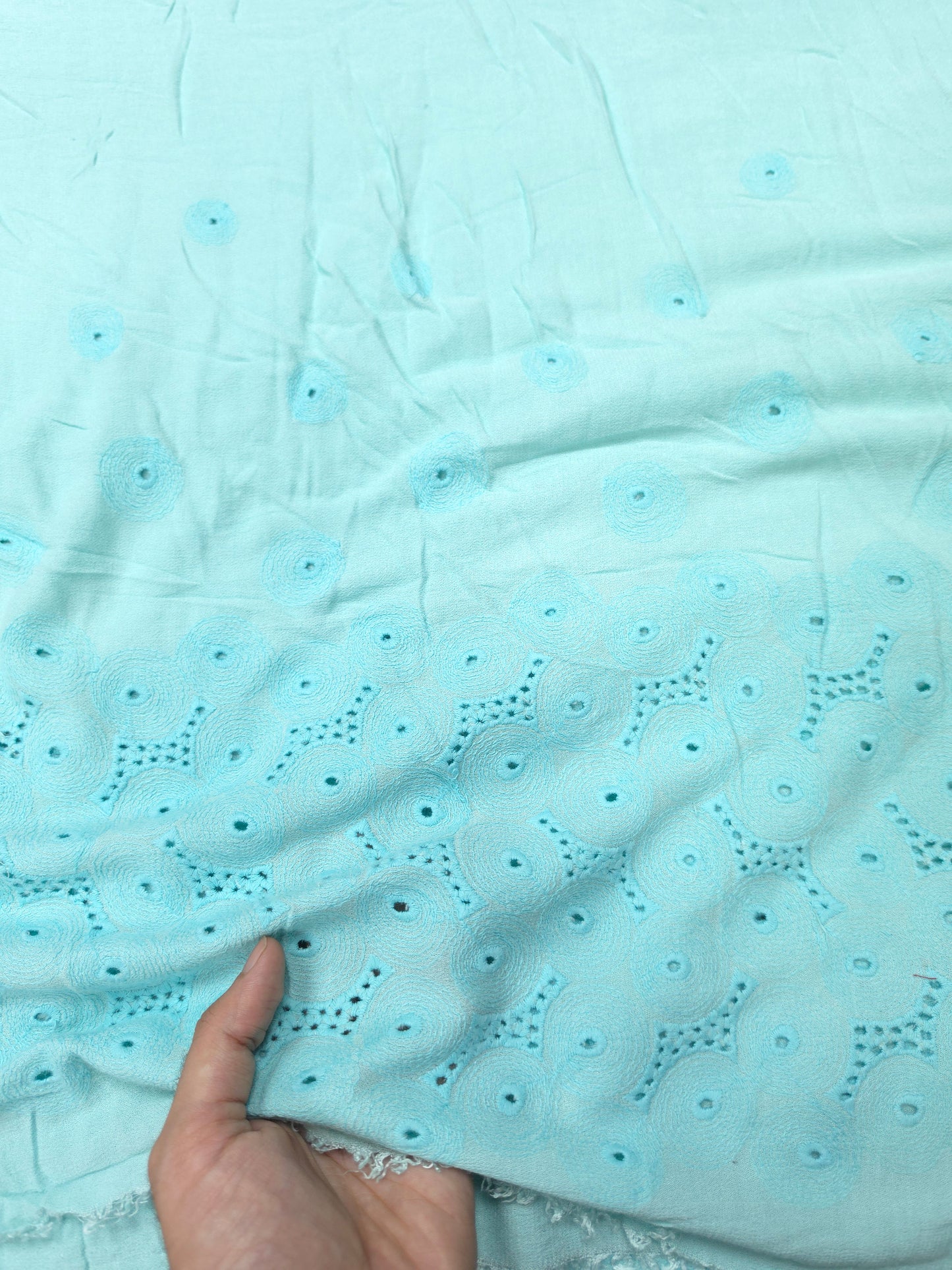 Aqua Mist Border Schiffli Cotton Fabric