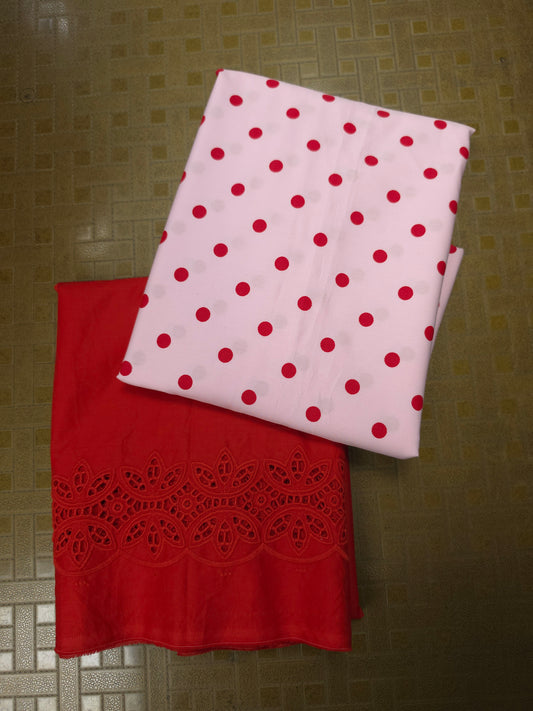 Pink Polka Dot Cotton Poplin Suit Set with Schiffli Border Bottom