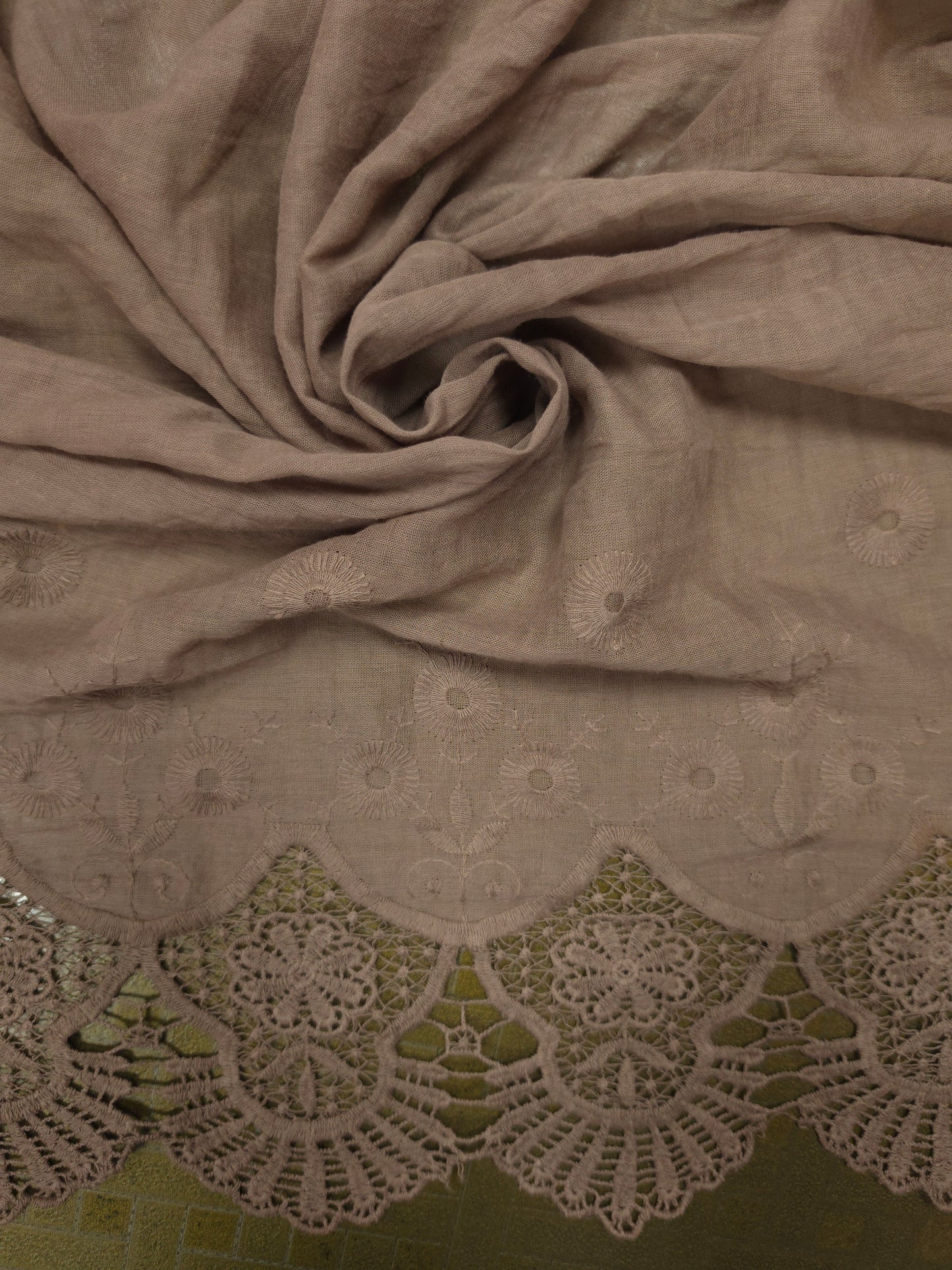 Mocha Luxe Designer Border Schiffli Cotton Fabric