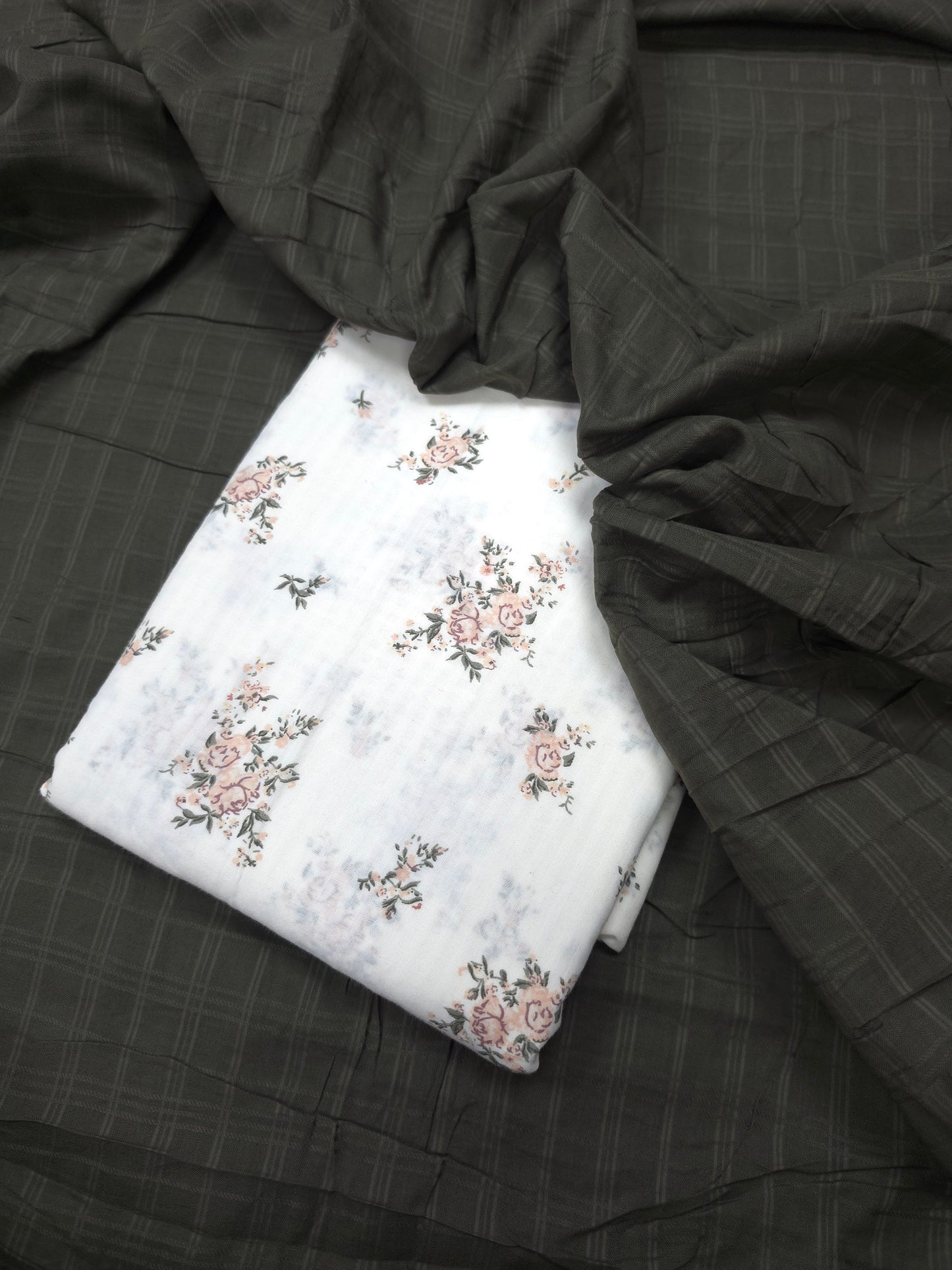 Olive Grace Cotton Self Suit Set with Floral Cotton Check Dupatta