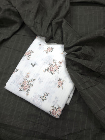 Olive Grace Cotton Self Suit Set with Floral Cotton Check Dupatta