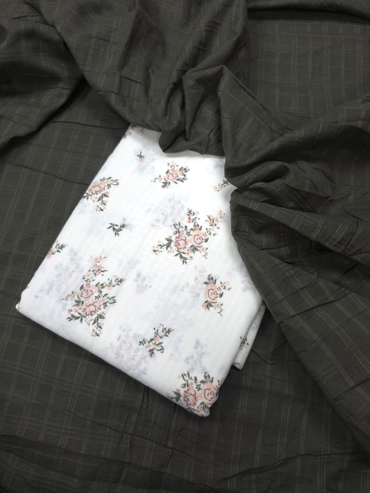 Olive Grace Cotton Self Suit Set with Floral Cotton Check Dupatta