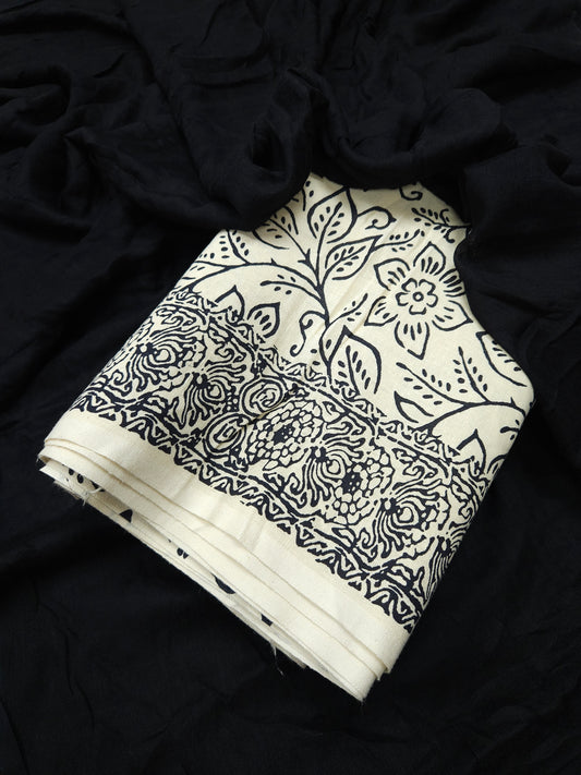 Monochrome Bloom Cotton Linen Suit Set with Black Mul Rayon Dupatta