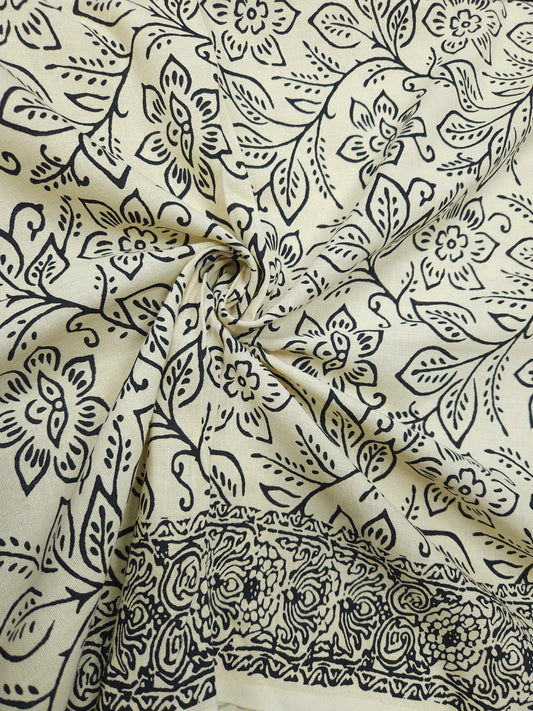 Monochrome Bloom Cotton Linen Suit Set with Black Mul Rayon Dupatta