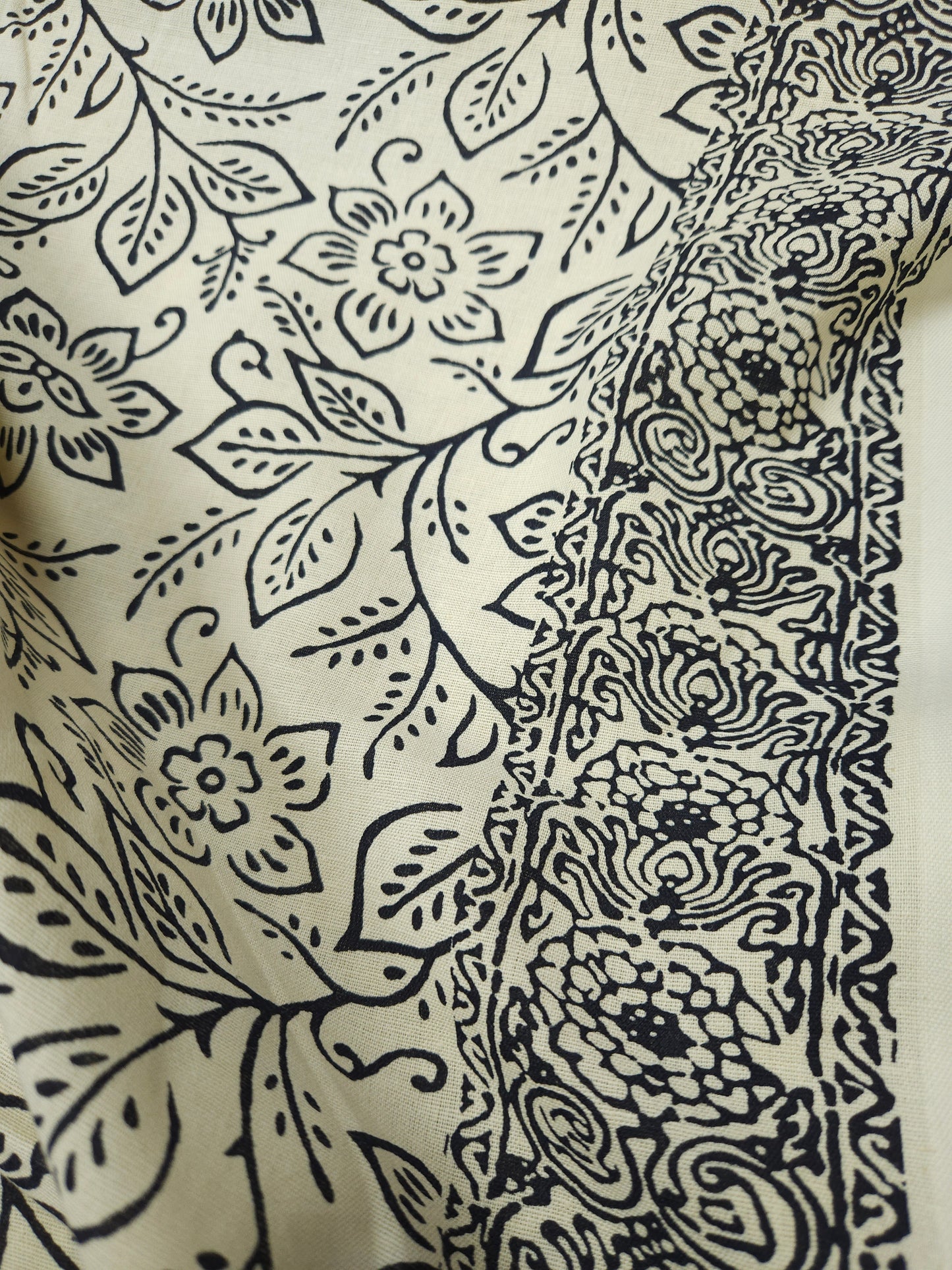Monochrome Bloom Cotton Linen Suit Set with Black Mul Rayon Dupatta