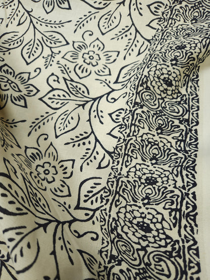 Monochrome Bloom Cotton Linen Suit Set with Black Mul Rayon Dupatta