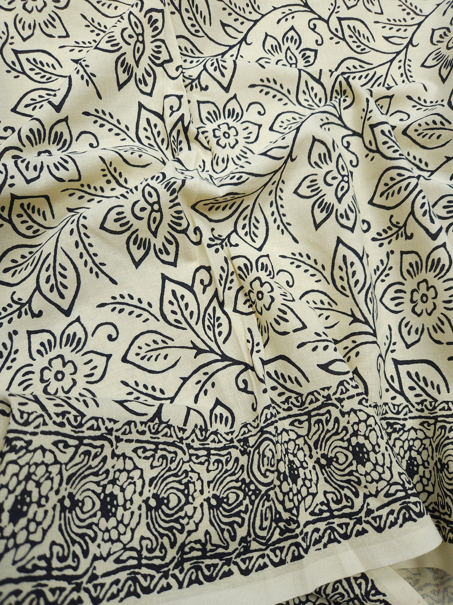 Monochrome Bloom Cotton Linen Suit Set with Black Mul Rayon Dupatta