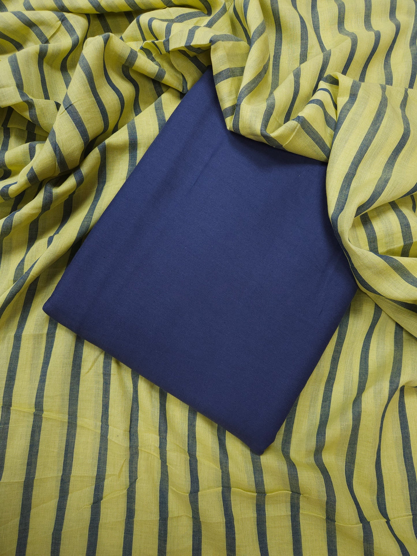 Citrus Elegance Rayon Suit Set With Lime Navy Stripe Mulmul Dupatta