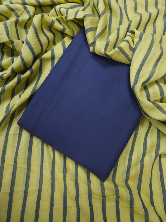 Citrus Elegance Rayon Suit Set With Lime Navy Stripe Mulmul Dupatta