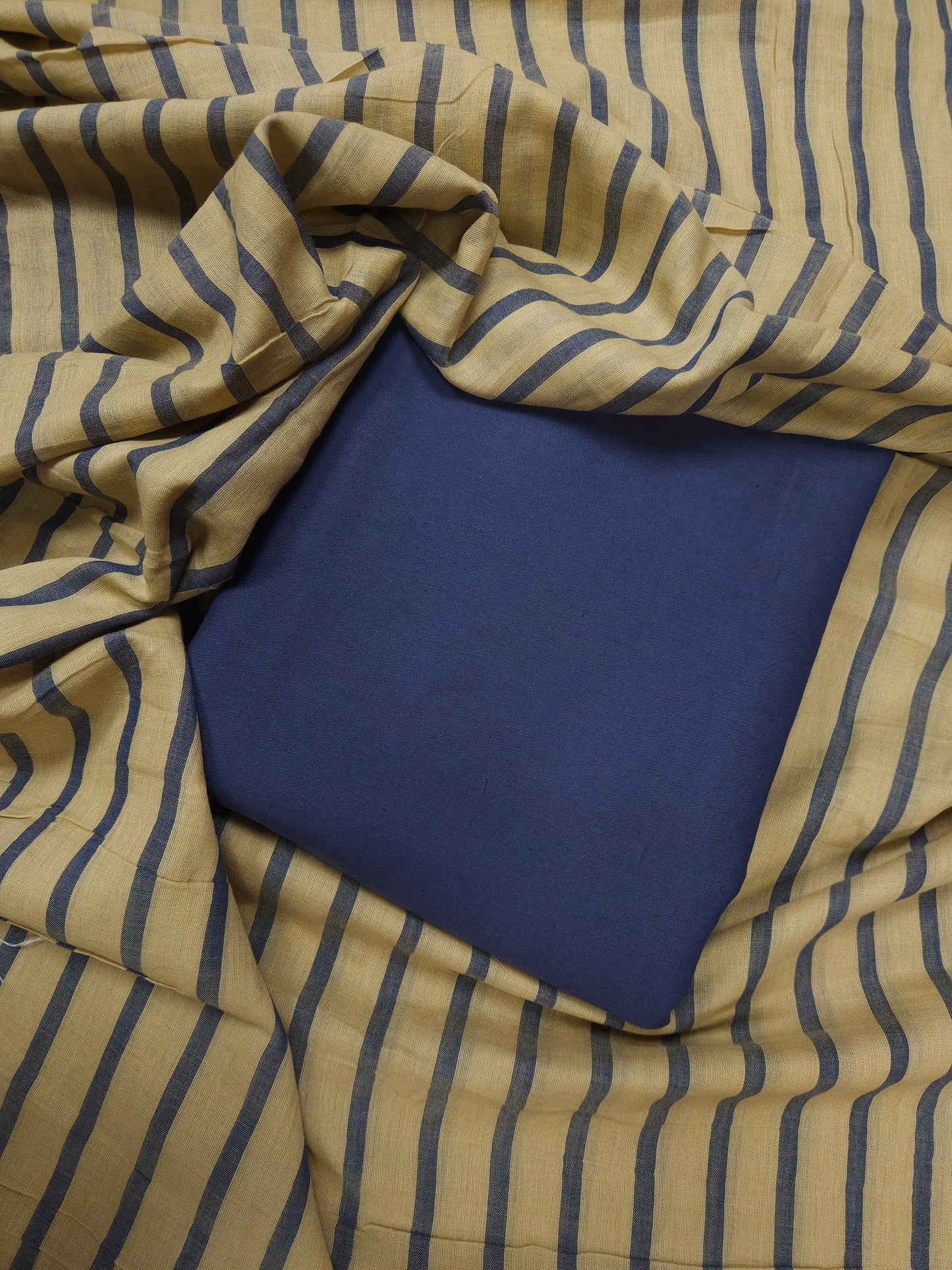 Indigo Elegance Rayon Suit Set with Navy Stripe Mulmul Dupatta