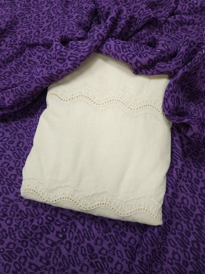 Cream Schiffli Cotton Suit Set with Leopard Print Muslin Dupatta