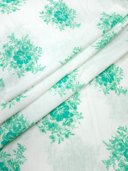 Aqua Floral Cotton Slub Printed fabric
