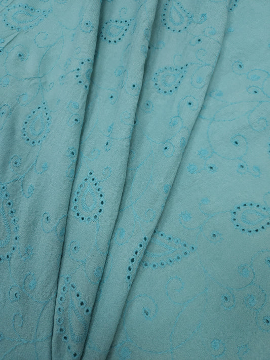 Aqua Paisley All Over Schiffli Cotton Fabric