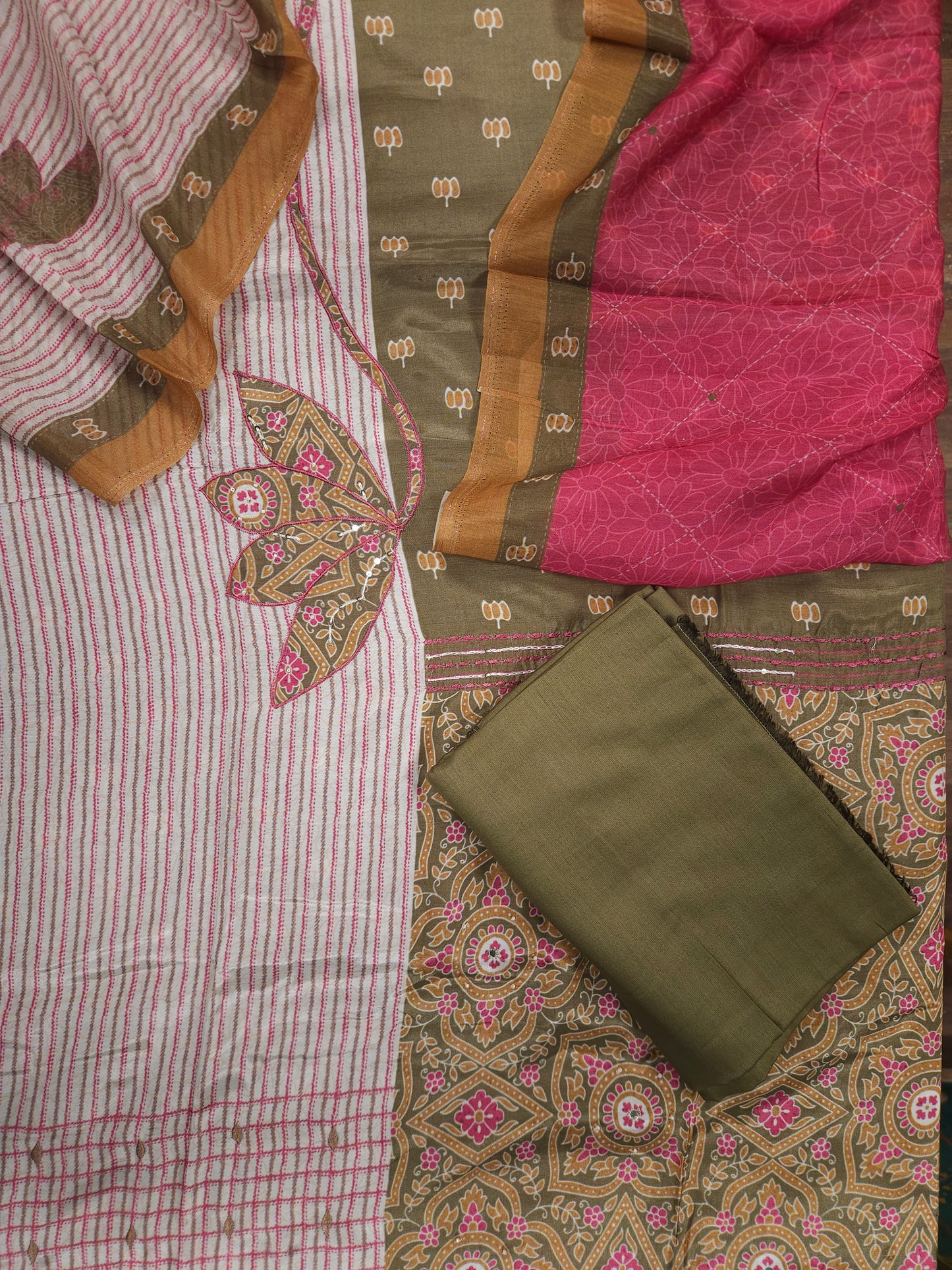 Olive Heritage Printed Cotton Suit Set Fabric with Cotton Muslin Dupatta (3-Piece)