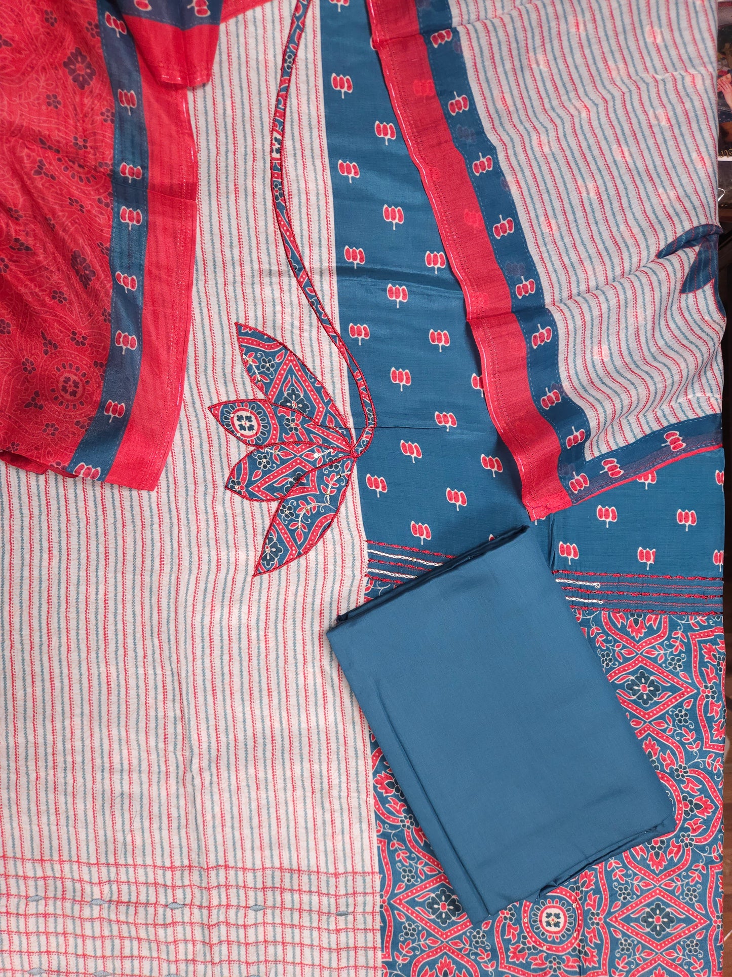 Ocean Ruby Printed Cotton Suit Fabric Set with Cotton Muslin Dupatta (3-Piece)