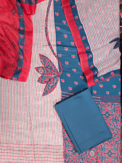 Ocean Ruby Printed Cotton Suit Fabric Set with Cotton Muslin Dupatta (3-Piece)