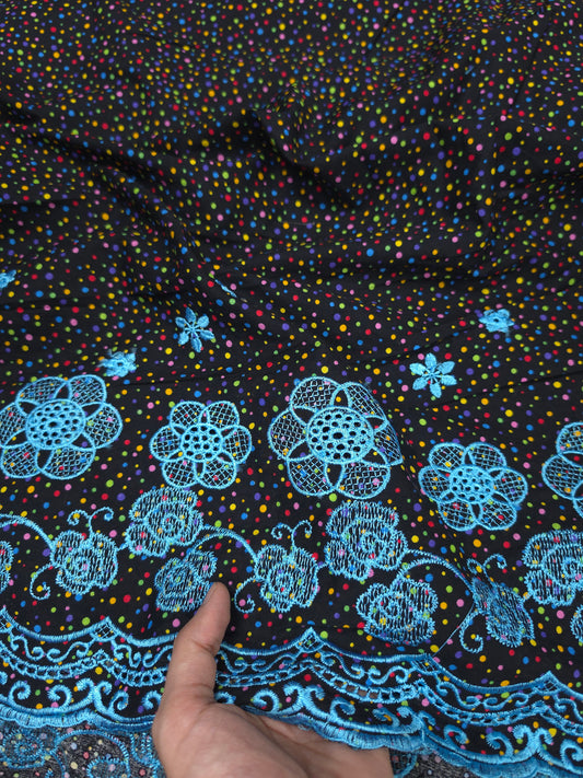 Designer Black Cotton Poplin Polka Dot Fabric with Sky Blue Embroidered Designer Border Schiffli