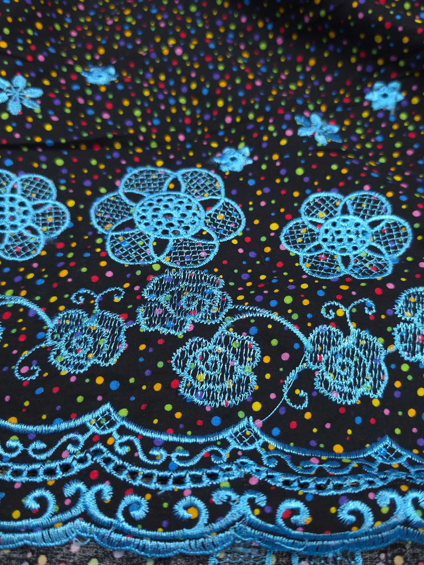 Designer Black Cotton Poplin Polka Dot Fabric with Sky Blue Embroidered Designer Border Schiffli