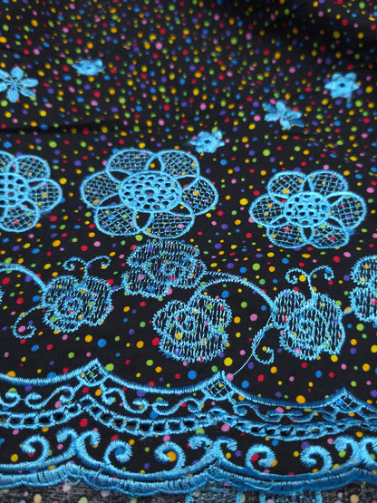 Designer Black Cotton Poplin Polka Dot Fabric with Sky Blue Embroidered Designer Border Schiffli