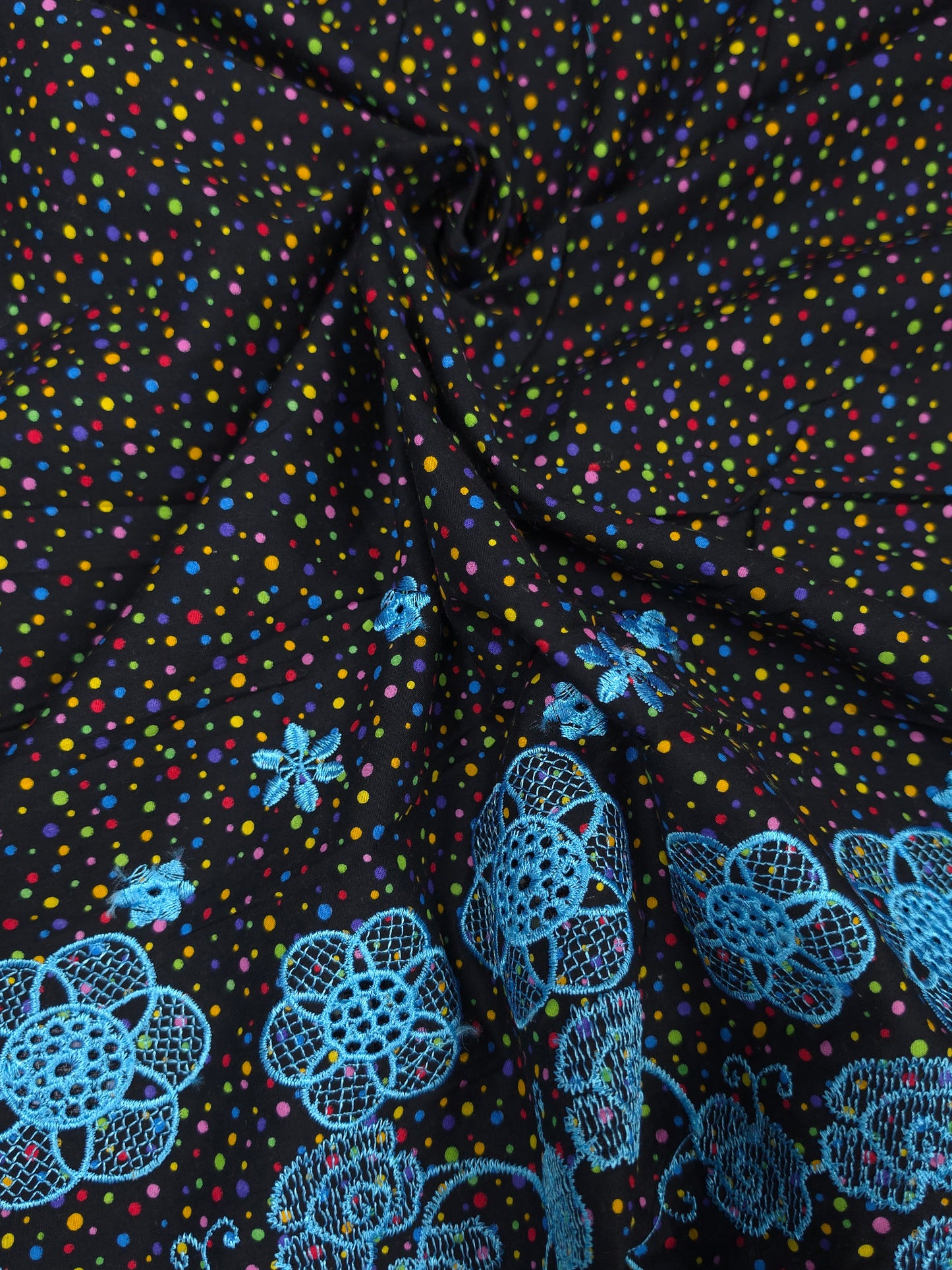 Designer Black Cotton Poplin Polka Dot Fabric with Sky Blue Embroidered Designer Border Schiffli