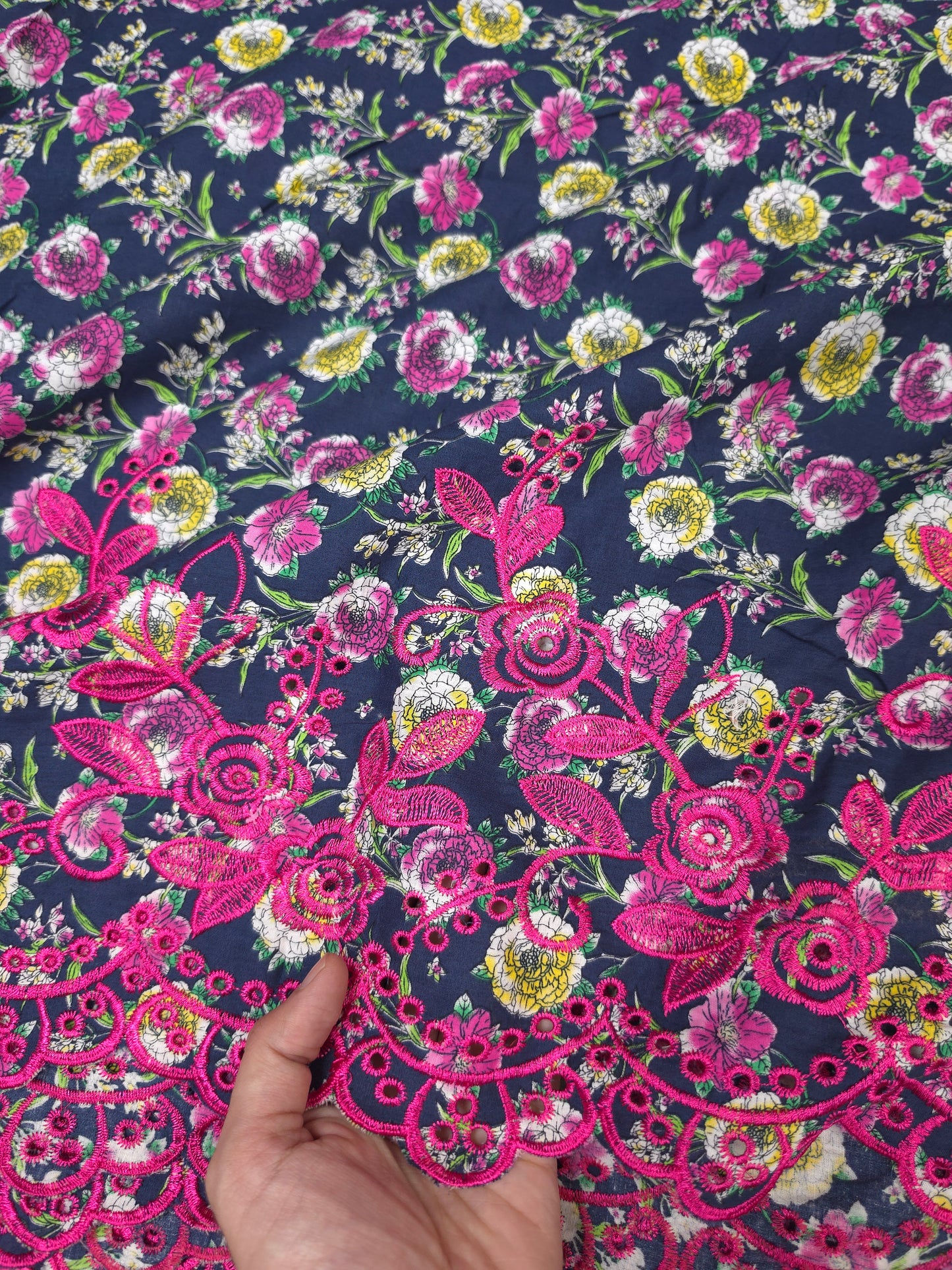 Designer Navy Blue Cotton Poplin Floral Print with Magenta Embroidere Designer border Schiffli