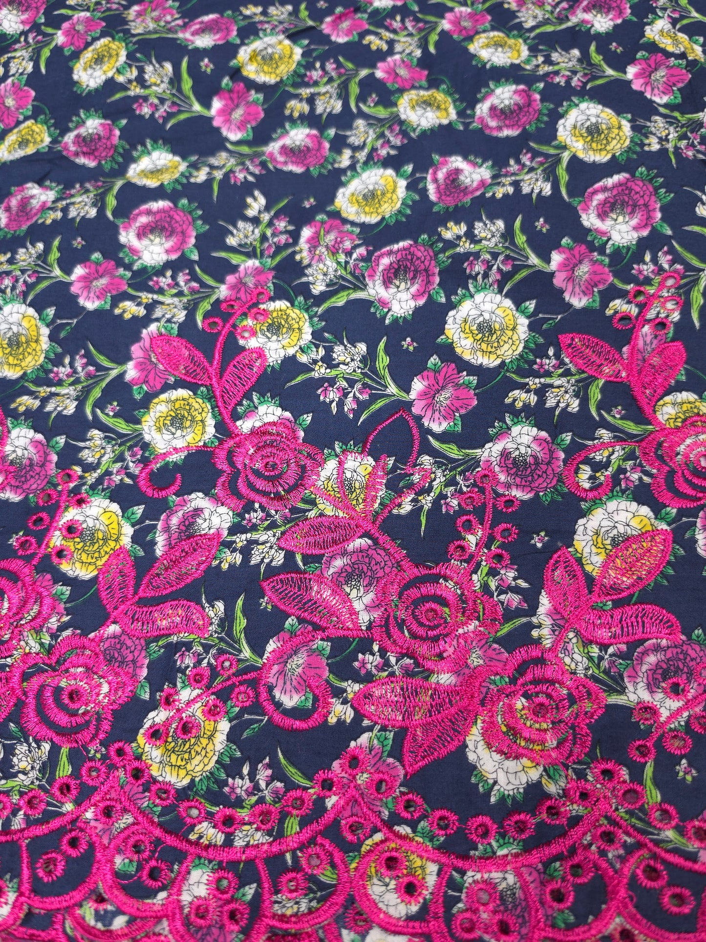Designer Navy Blue Cotton Poplin Floral Print with Magenta Embroidere Designer border Schiffli